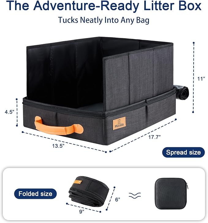 MORAIS Portable Travel Litter Box for Cats, 17.7"×13.5"×11" Collapsible Cat Litter Box with Lid, Leak-Proof Cat Litter Pan for Car Hotel Airplane, Waterproof & Easy to Carry- Black