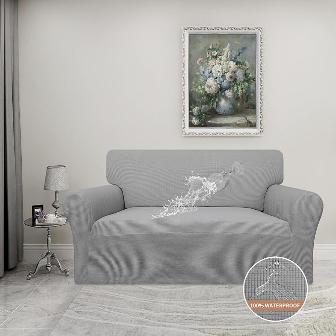 Easy-Going Waterproof Loveseat Couch Cover Stretch Jacquard Sofa Cover | Dual Waterproof Sofa Slipcover, Leakproof Furniture Protector for Kids, Pets, Dog and Cat (Loveseat, Light Gray)