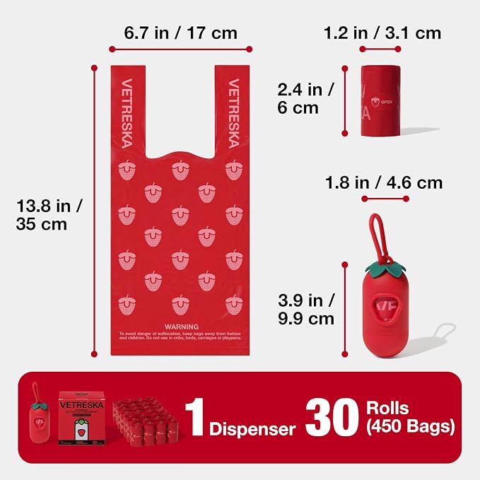 VETRESKA Dog Poop Bags with Handle 450 Count, Strawberry Scented Waste Bag | Leak-Proof Thick Dog Bags for Poop, Easy-Tie Large Poop Bags, 30 Refill Rolls with 1 Dispenser for Dog Walking Cat Litter