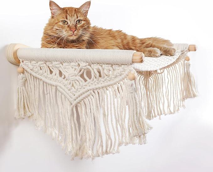 Macrame Cat Wall Shelves & Hammock - Comfy Cat Beds with Window Perch for Indoor Cats, Sleeping & Climbing, Cotton Rope, Natural Wood, Maximum Hold up to 30lb, Beige White