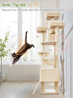 Taoqimiao Tall Cat Tree, 76In XL Cat Tower for Large Cats, 3 Padded Perches | Oversized Metal Hammock, 2 Big Condos, 1-Piece Ramp Scratcher, 7 Natural Sisal Posts, Hanging Basket, Beige, MS047M