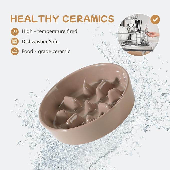 Havniva Elevated Slow Feeder Dog Bowls, Ceramic Dog Bowl Slow Feeder Set | 0.9 Cups Raised Slow Feeding Bowl for Small Breed, 6.1” Dog Water Bowl with Wooden Stand, Puzzle Dog Slow Feeder, Non-slip