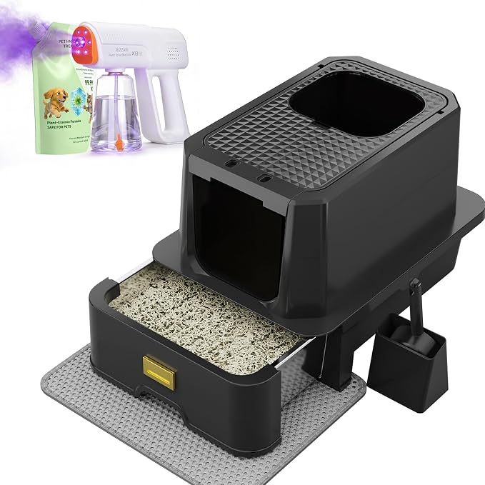 RIZZARI Enclosed Cat Litter Box: Stainless, Top Entry, Easy Clean | Built-In Deodorizer Spray / Extra Large / High Splash Sides / Top-Exit Tracking Control / Slide-Out Drawer / Apartments