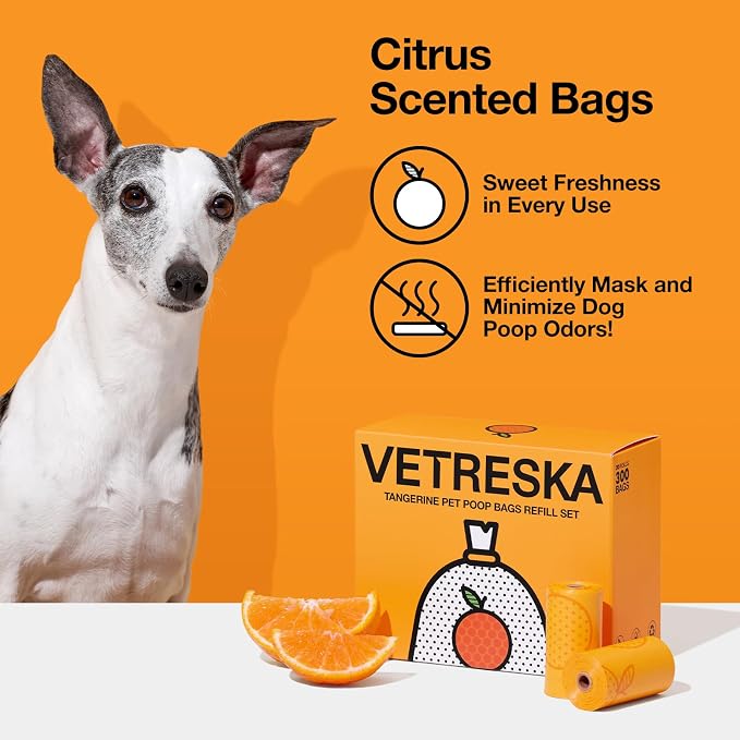 VETRESKA Citrus Scented Dog Poop Bags, 300 Counts, Leak Proof and Large | Extra Thick Pet Waste Bags for Dogs Walking and Cat Litter (20 Refill Rolls)