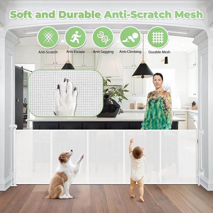 Reinforced 120" Extra Wide Retractable Baby Gate, Prevents Crawling Under | Indoor/Outdoor Retractable Dog Gate, Space-Saving, Easy to Use, Scratch-Resistant Mesh Gate, Safety Lock, Easy Install, White