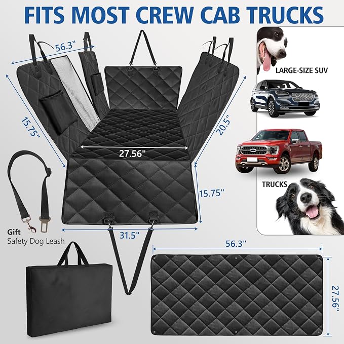 Btefd XL Hard Bottom Dog Back Seat Cover for Crew Cab Trucks with Blanket | Pet Hammock for F150, RAM1500, Sierra, Tundra, Silverado, Titan, Holds 420lbs, 45% Extender Space, Waterproof