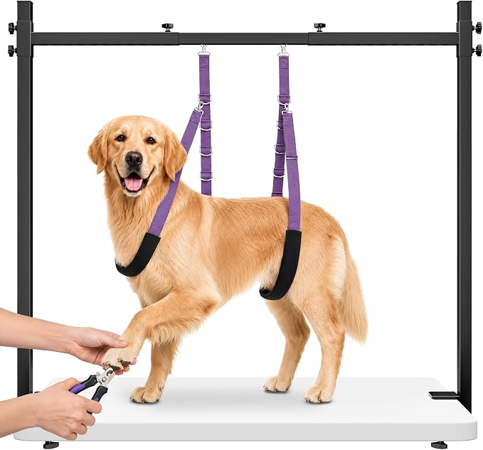 Dog Grooming Arm for Table, H-Shape Adjustable Grooming Stand, 42" Height & 26"–50" Width, Clamp-On Pet Grooming Arm with Grooming Loop and Belly Strap Set for Home Grooming, Nail Trimming & Drying