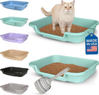 KittyGohere Senior Cat Litter Box Large with Scoop, 2 Pack Green | Open Top Low Entrance Kitty Litter Box With Long-handle Jumbo Scoop, Lightweight Low Entry Litters Box, Durable, Made in USA