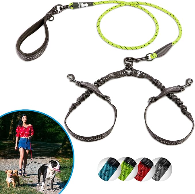 SparklyPets - Double Dog Bungee Rope Leash for 2 Small Dogs - Dual Dog Lead for Small Breeds - Soft Handles, No Tangle, Adjustable Couplers - Flow Leash, 2 Dogs Walking Accessory