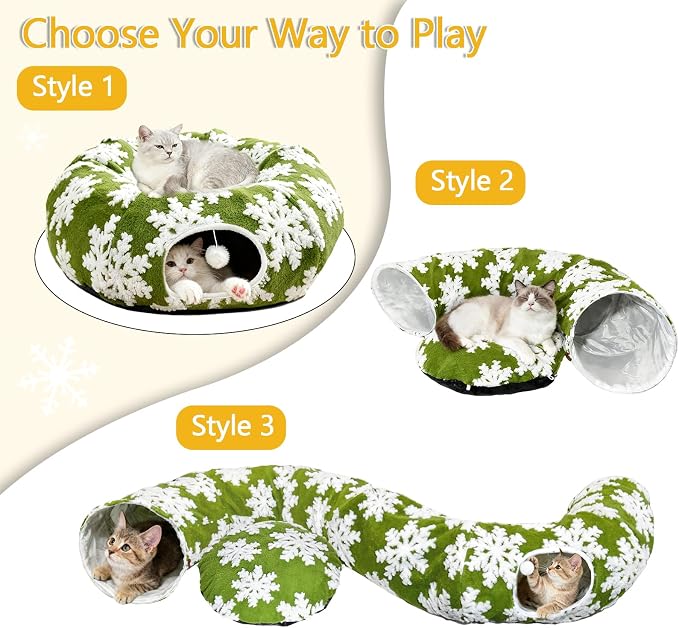 Cat Tunnel Bed for Indoor Cats - Soft Plush Donut Tunnel Bed with Snowflake Design & Washable Anti-Slip Mat, Multifunctional Playground Toys for Cats, Kittens & Small Pets.(Green)