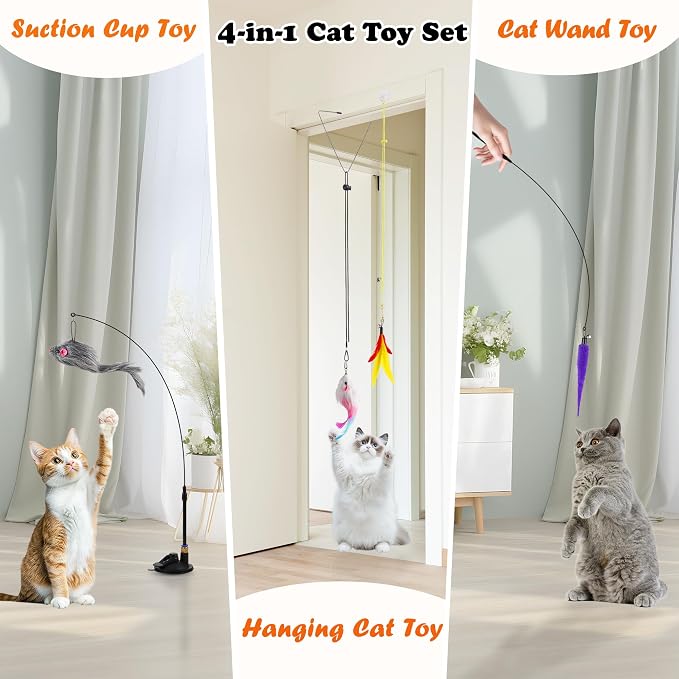 Soarer 4in1 Interactive Cat Wand Toys with Suction Cup for Indoor Cat,12Pcs | Enhanced Suction Cup,Fishing Pole Cat Stick Toy Replacement,2 Types Door Hanging Cat String Toy for Indoor Kitten Self Play