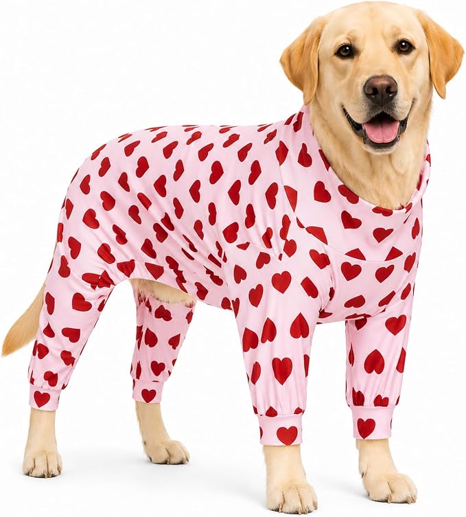 Dog Pajamas for Large Dogs, Soft Stretchy Lightweight Dog Onesie with Red Heart Print, Breathable Full Body Dog PJs for Recovery, Sleeping & Calming (4XL, 75–95 lbs)