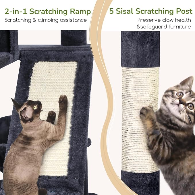 Globlazer F74D Cat Tree for Large Cats 20+ lbs, 74in Tall Tower, Dark Grey | Easy Assembly, Maine Coon, Large Cats, 2 Condos, Steel-Rim Basket Bowl, Plush Bed, 2 Perches, Sisal Posts, Anti-Topple Strap