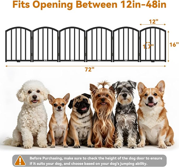 SNUOWU 16 Inch Full Metal Freestanding Short Dog Gate for Small Dogs, Foldable 6-Panel Pet Barrier, Expands Up to 72" Wide, Indoor Safety Fence for Doorway, Home & Stairs, Black
