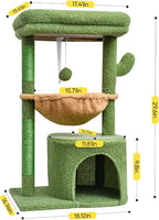 SYANDLVY Cactus Cat Tree for Indoor Cats, Green Activity Tower for Kittens | Modern Cat Furniture with Scratching Post, Basket & Hanging Ball for Play Rest