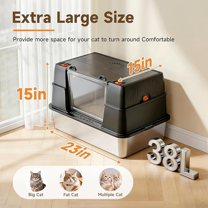 Stainless Steel Litter Box with Lid, High Sided Enclosed Metal Litter Box for Big Cats, Easy Cleaning Anti-Urine Leakage, Non-Sticky Cat Box, Front Entry Top Exit KittyBox, Includes Mat & Scoop