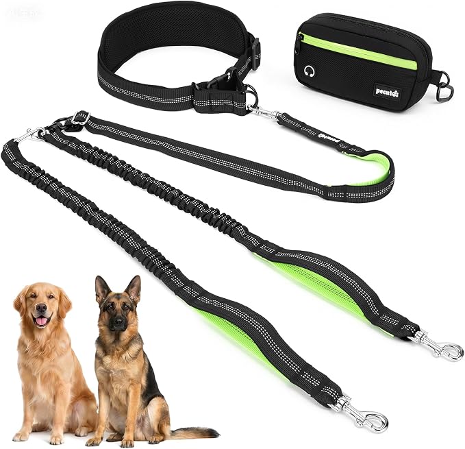 Pecute Hands Free Dog Leash for 2 Dogs, Waist Belt with Pouch, No Tangle | Shock absorbing bungee, dual padded handles, detachable waterproof fanny pack, heavy duty for large dogs, running & hiking