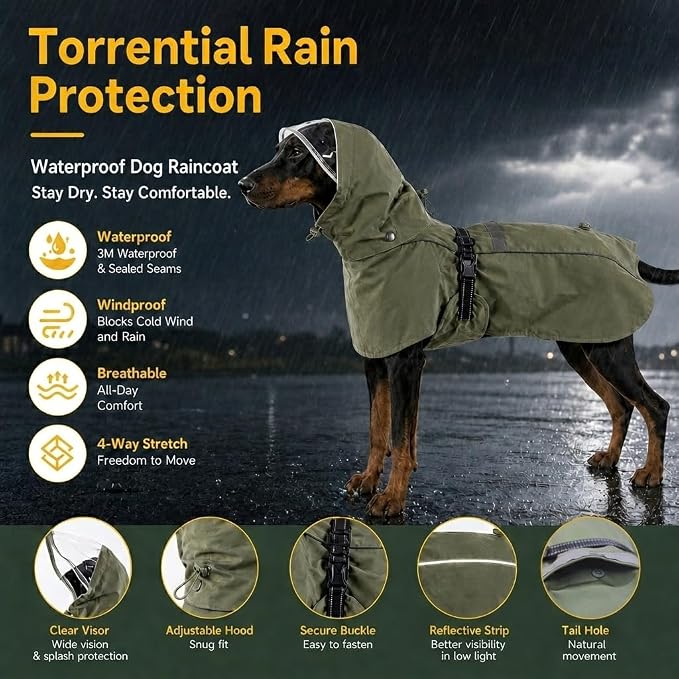 RYNVALE Waterproof Dog Rain Coat, Breathable Windproof Dog Raincoat with Adjustable Strip, Leash Port, Removable Hood, Reflective Full-Body Coverage Pet Poncho | Large Dogs, Green (XL)