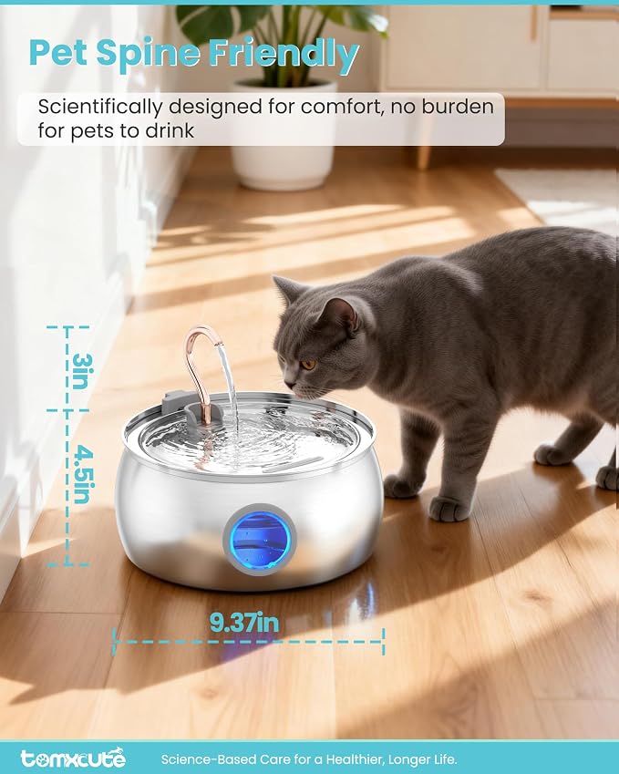 Tomxcute Cat Water Fountain Stainless Steel, 4.0L/135oz with 3 Filters | Ultra Quiet Pump, Copper Gooseneck, Dishwasher Safe, Cat Fountain for Drinking for Cats, Dogs, Multiple Pets