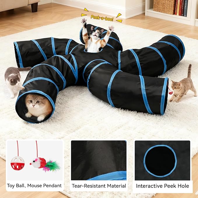Joytale Cat Tunnel for Multiple Cats, 5-Way Indoor Tube Toy to Chase & Hide | Bell ball & Toy Mouse Included; Peekaboo Hole; Pops Open & Folds Into Zip Bag; Fits Cats to ~12 lb; Kittens & Rabbits Too