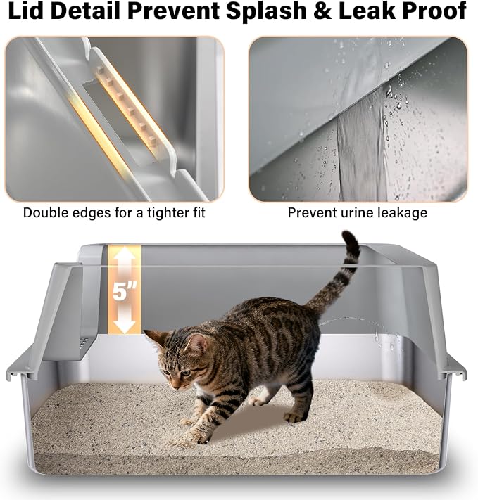 Stainless Steel Cat Litter Box with Lid,XL Metal Litter Box Stainless Steel | Mat & Scoop, Odor-Free/Anti-Leakage & Non-Stick/Easy Clean, High-Sided Litter Box for Multiple Big Cats(XL/Grey)