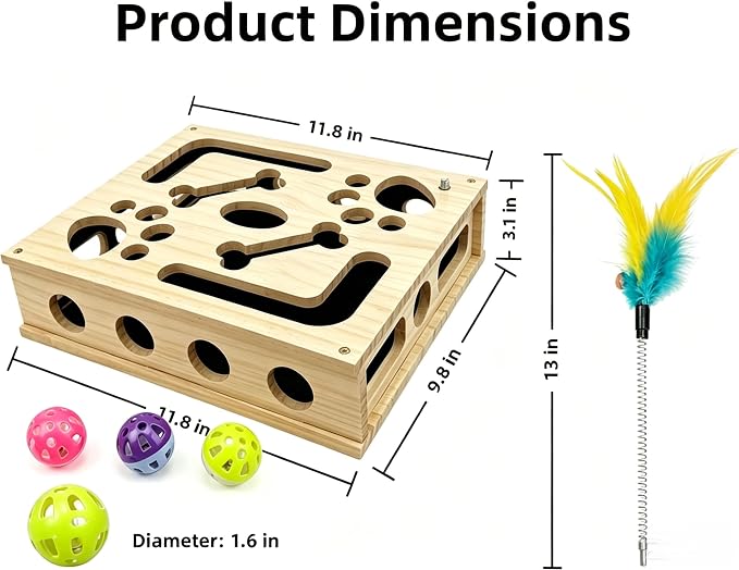 Wooden Cat Scratch Puzzle Enrichment Box, Interactive Cat Nail File Enrichment Box with Sandpaper Inside and Bell Ball, Scratch Puzzle Box for Cat Stress Free Alternative to Clippers and Grinders