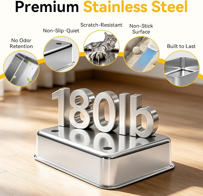 2-Pack XL Stainless Steel Cat Litter Box for Large Multi-Cat, Gray | High Sides, Extra Large Tall Wall Open Top Deep Metal Pan, Anti-Leak Non-Stick Odor Control, 2 Scoops Included