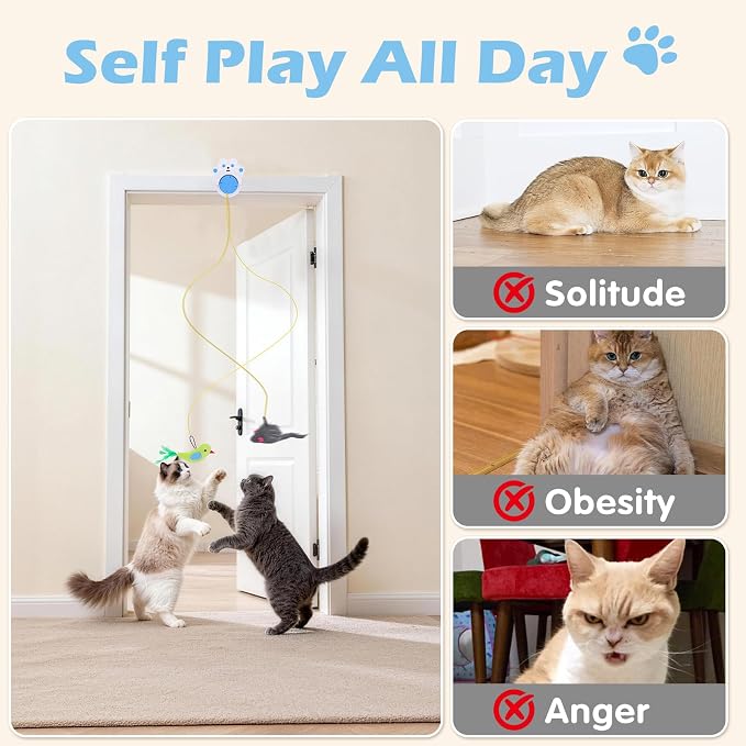 Interactive Cat Toys for Indoor Cats, Remote & 4Modes Automatic Flying Bird | No-Drill Doorway Cat Toy with Adjustable Speed, USB Rechargeable Electric Door Hanging Toy for Bored Kitten and Adult Cat