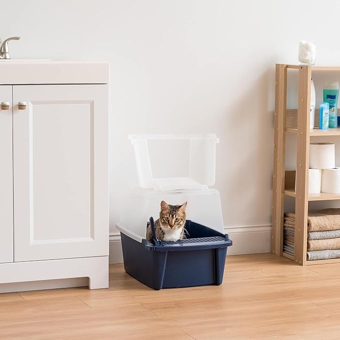 IRIS USA Large Front Door Cat Litter Box, Walk-in Entry, Navy | Senior Cats, Private Enclosure Design, Flip Door Access, Covered Walk-Through, Privacy Hood, Contained Environment