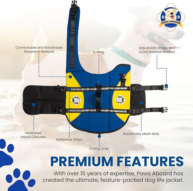 Dog Life Jacket — Premium Swim Vest with SafeChin Anti-Choke Collar | PAWS Aboard Blue & Yellow | RapidLift Rescue Handle, D-Ring, Reflective Trim | Boating, Kayaking, Pool | Small (15–25 lbs)