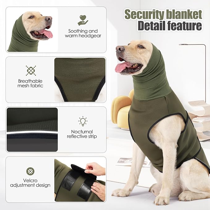 JOHNBOLIN Dog Anxiety Jacket, Dog Shirt with Turtleneck, Breathable Calming Vest, Indoor and Outdoor Separated Pet Jacket (Military Green, Small)