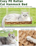 SETVSON Cat Window Perch 2-in-1 Cat Window Hammock Bed, Wall Shelves | Handwoven PE Rattan Kitty Seat with 4 Suction Cups, Double-Sided Washable Cushion Bed, 2.3" Fence, 16.5x12.6 In, Home Decor