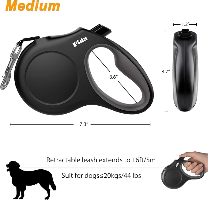 Fida Retractable Dog Leash with Dispenser and Poop Bags, 16 ft Pet Walking Leash for Medium Dog or Cat up to 44 lbs, Anti-Slip Handle, Tangle-Free, Reflective Nylon Tape (M, Black)