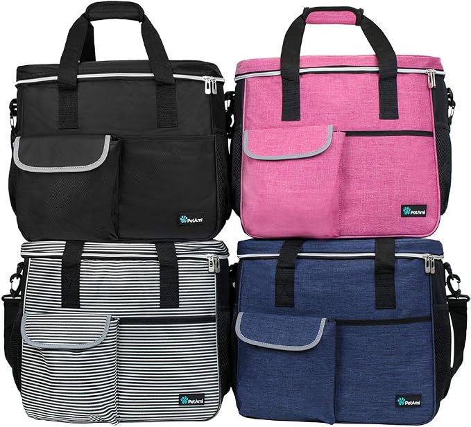 PetAmi Dog Travel Bag Organizer, Pet Travel Kit with 2 Food Containers & 2 Collapsible Dog Bowls, Pet Supplies Tote with Luggage Sleeve, Weekend Road Trip Camping Essentials, Stripe Black, Large