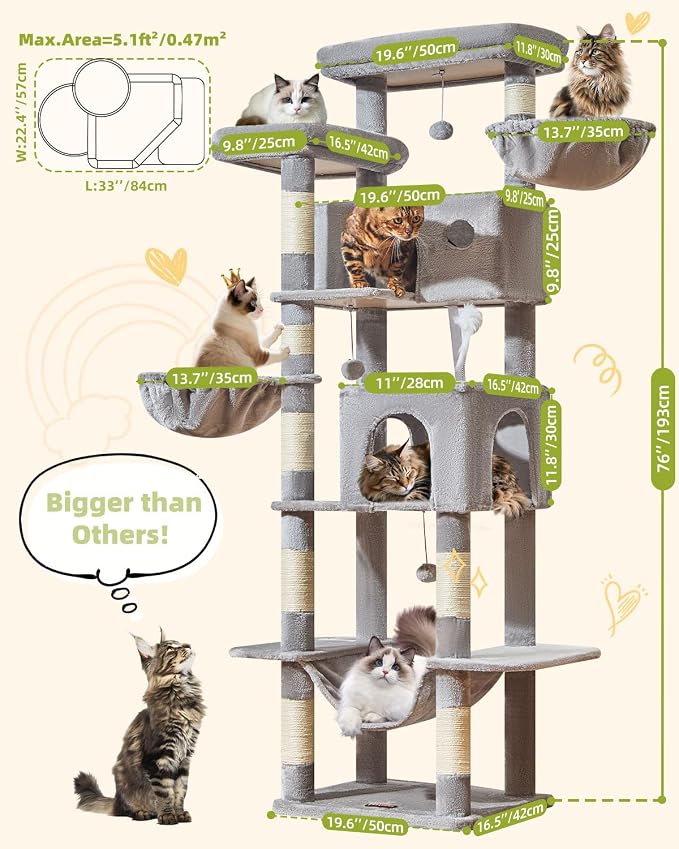 Taoqimiao 76in Cat Tree, Tall Sturdy Cat Tower for Large Indoor Cats MS046W | Easy assembly, Sturdy, Multi Level, Easy Clean, Cozy Condo, Perches, Baskets, Suitable for Kittens and Adult Cats