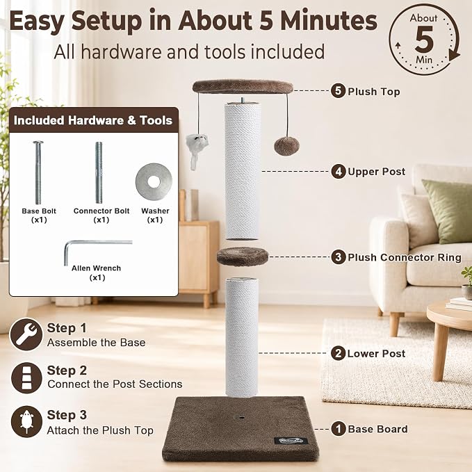 34-Inch Tall Cat Scratching Post for Large Cats, Stable Base, Brown | Heavy-Duty Cat Scratcher, Extra-Tall Thick Post, Soft Natural Cotton Rope, Hanging Interactive Cat Toys, Indoor Cat Furniture