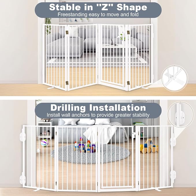 Metal Freestanding Dog Gates with Door for Outdoor Indoor,160'' Extra Wide 36'' Tall Free Standing Dog Gate for Doorways,Large Openings,Deck,Yard,Porch,Foldable Pet Fence (White,8 Panels)