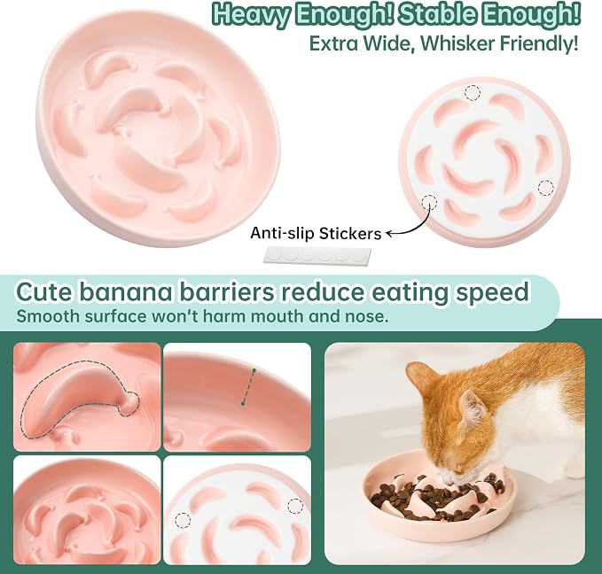 Ceramic Slow Feeder Cat Bowl, 6.3'' Wide Whisker Friendly Cat Puzzle Feeder | Slow Eating 5x, Anti Vomit Shallow Slow Eating Cat Dish for Dry and Wet Food, Microwave and Dishwasher Safe, 6.3" X 1.2"