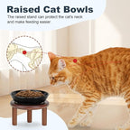 SPUNKYJUNKY Shallow Elevated Cat Bowl with Acacia Wood Stand Wide Raised Ceramic Cat Dishes Whisker Friendly Pet Food and Water Plates (Striped Pattern, 2 Pack, Black)