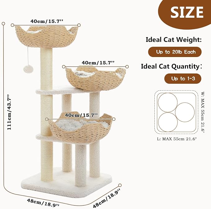 PAWZ Road Modern Cat Tree with Baskets, 44" Cat Tower for Indoor Cats,White | 3 rattan baskets (φ15.7") with thick cushions, sturdy base cat tree for large indoor cats, multi-level climbing resting space