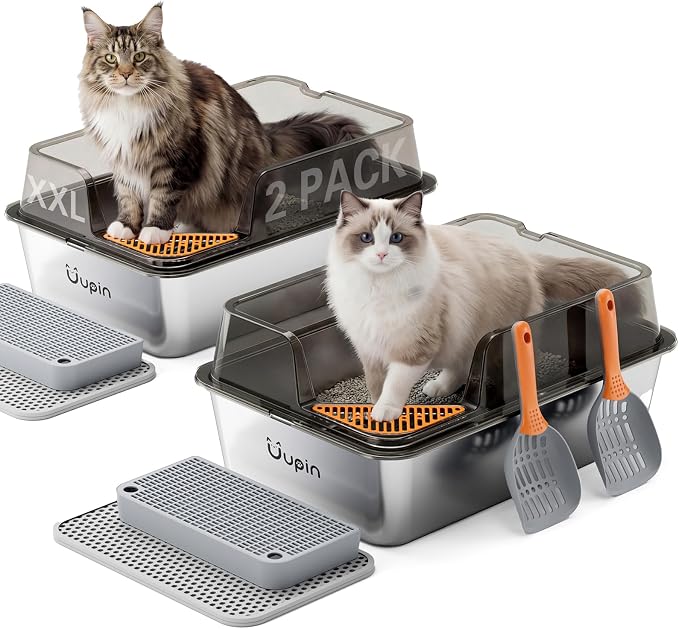 2 Pack Stainless Steel Litter Box - Extra Large XXL Metal Cat Litter Box with Lid High Sides for Big Cats and Multi-Cats, Angled Entrance, Anti-Urine Leakage, Non-Stick Bottom