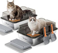2 Pack Stainless Steel Litter Box - Extra Large XXL Metal Cat Litter Box with Lid High Sides for Big Cats and Multi-Cats, Angled Entrance, Anti-Urine Leakage, Non-Stick Bottom