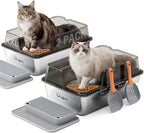 2 Pack Stainless Steel Litter Box - Extra Large XXL Metal Cat Litter Box with Lid High Sides for Big Cats and Multi-Cats, Angled Entrance, Anti-Urine Leakage, Non-Stick Bottom