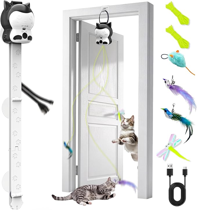AsFrost 2-in-1 Interactive Cat Chase Bounce Toy for Indoor Cats | Automatic Flying Bird & Mouse Wand, USB Rechargeable, Suction Hanging Design,Self Play for Bored Kittens Adult Cats Exercise