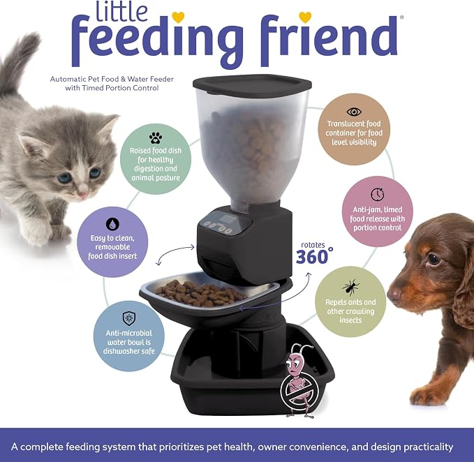 Feeding Friend® Automatic Dog & Cat Food Feeder with Water Dispenser Smart Pet Feeder with Portion Control, OLED Display, Anti Jam Design, Battery Operated Dispenser for Small XS 4-15 lbs Pets Black