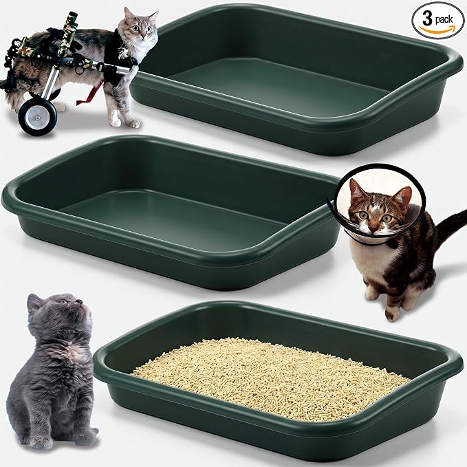 Uiifan 3 Pcs Extra Large Low Entry Cat Litter Box for Senior Kitty Pet Open Top Litter Box for Senior Kitten Handicap Disabled Older Elderly Cats, Easy to Clean(Dark Green,16.9 x 12 x 3.15 Inches)