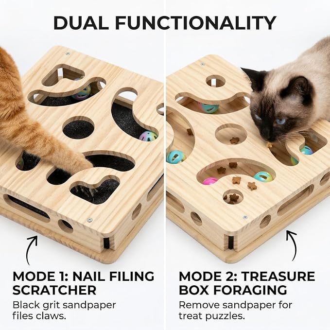 EIODEAR Cat Nail File Scratcher with 5 Sandpaper Pads, 4 Bell Balls, 8 Screw, Solid Wood Cat Scratch Puzzle Enrichment Box Nail Filer Box Toy to File Nails, Cat Treat Box for Treat-Motivated Cats