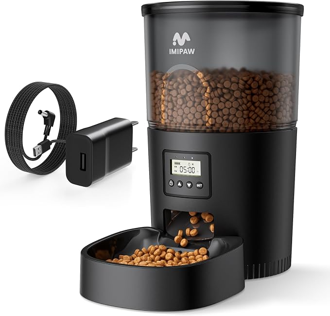 IMIPAW Automatic Cat Feeders, 3L Timed Cat Dry Food Dispenser, Dual Power Supply, Programmable Portion Size, 1-6 Meals Per Day, Auto Pet Feeder for Cats and Small Dogs, with Desiccant Bags