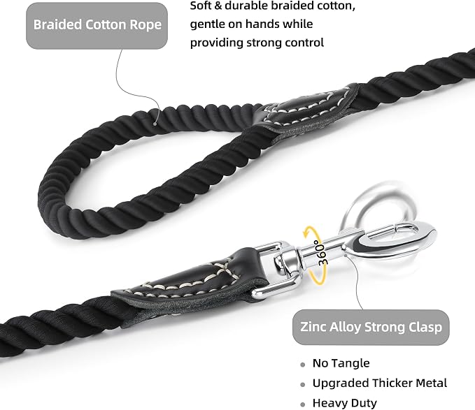 Mile High Life Dog Leash Braided Cotton Rope with Leather-Reinforced Ends | Rust-proof 360° swivel clasp, Heavy-duty for medium/large breeds. Great for weddings, daily walks (4 FT, 1/2", Black)