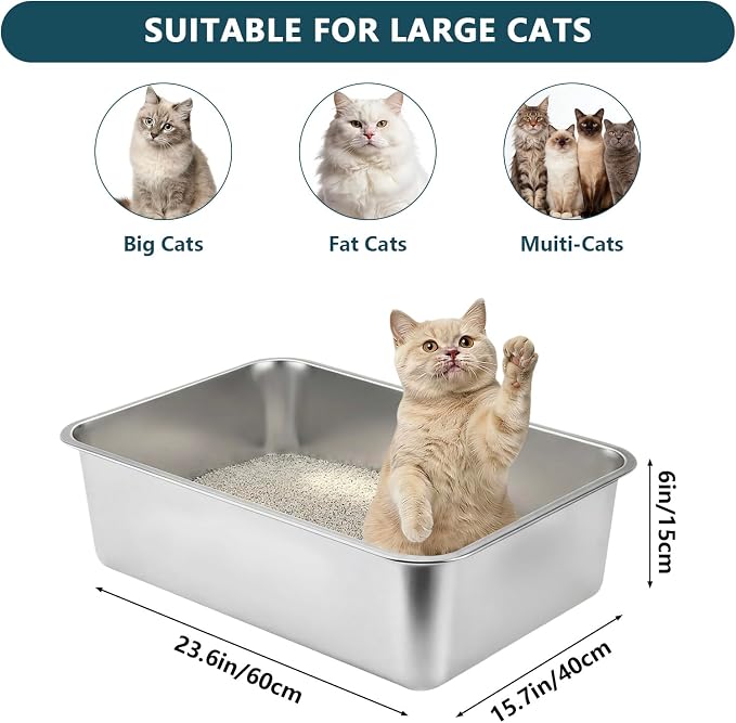 Homegroove Stainless Steel Litter Box 2 Pack, 23.6"x15.7"x6" for Multi-Cats | Large Metal Cat Litter Box, Non-Stick Easy to Clean Surface, Jumbo Size for Big Cats & Multiple Cats